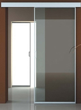 Одностворчатая стеклянная раздвижная дверь с алюминиевым обрамлением створки  (анодированный алюминий и прозрачное стекло)